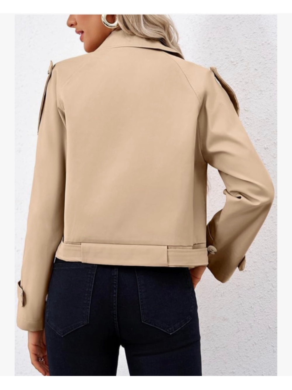 NEW Lapel Double Breasted Cropped Belted Trench Coat Jacket M - Picture 2 of 6